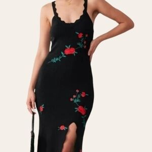 WOLFE Vintage  Black Midi Dress The Rose Embroidery Slit Size M